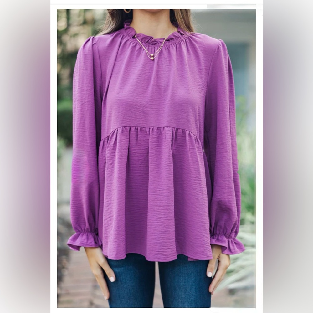 Muted Plum Purple Babydoll Top | Long Sleeves, Ruffles | Mint Julep | S | NWT - Picture 3 of 7